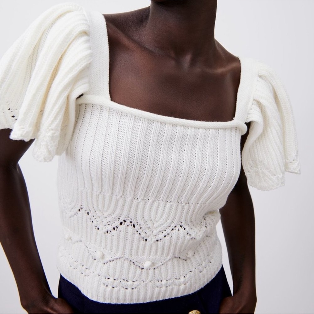 Zara Ruffle Knit Crochet Top White Size Medium - Picture 2 of 8